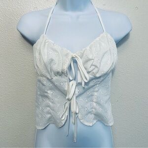 Whimsical‎ Eyelet Coquette Tie Front Milkmaid Top Fairy Feminine Delicate